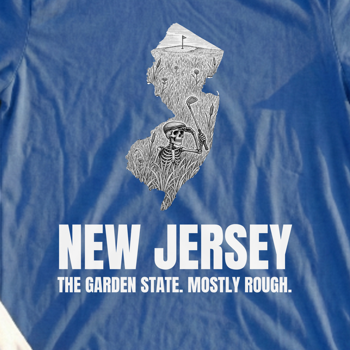 New Jersey The Garden State Mostly Rough Tee, print close-up on Royal
