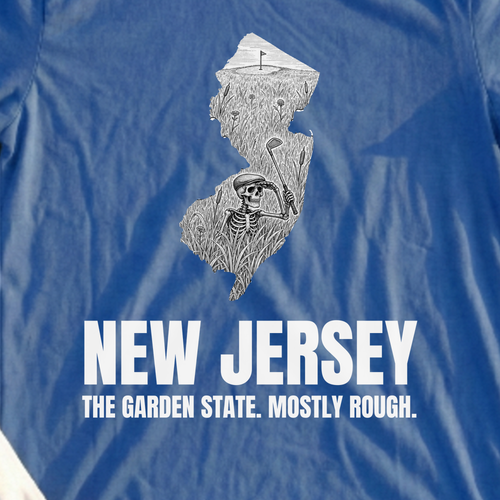 New Jersey The Garden State Mostly Rough Tee, print close-up on Royal