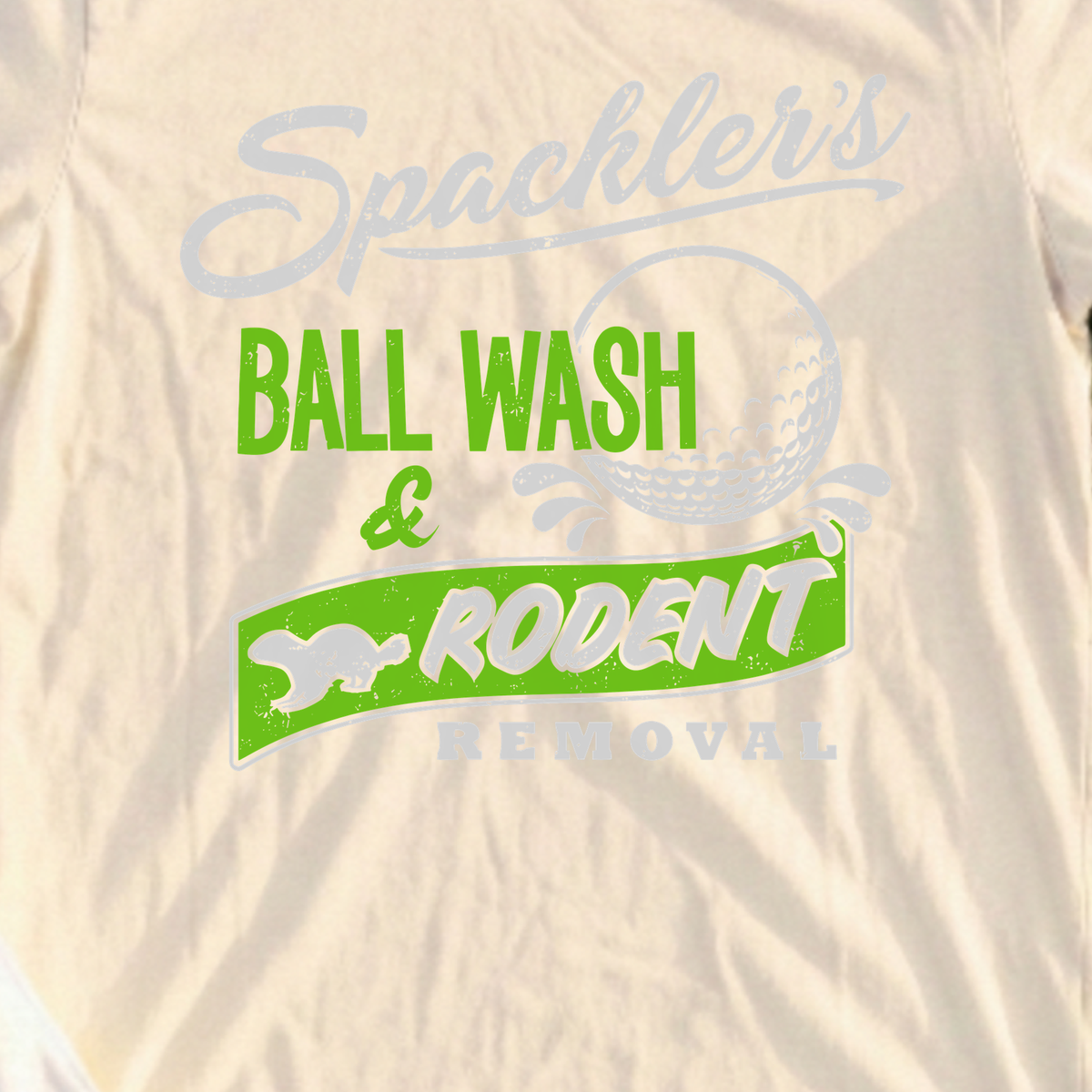 Spackler's Ball Wash Tee, print close-up on Natural