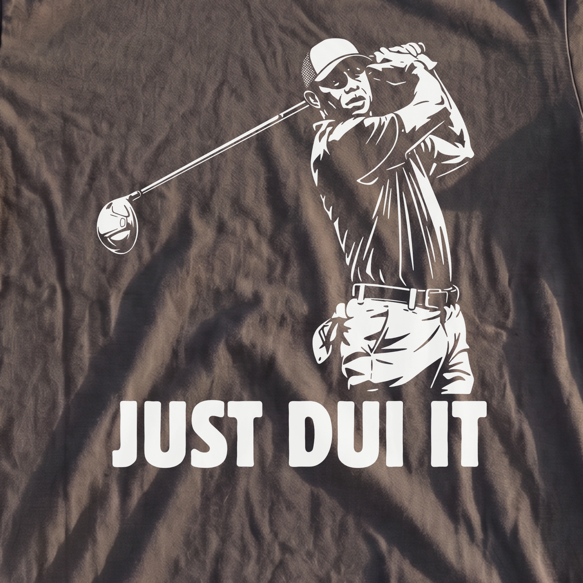 Just DUI It Premium Tee, print close-up on Pepper