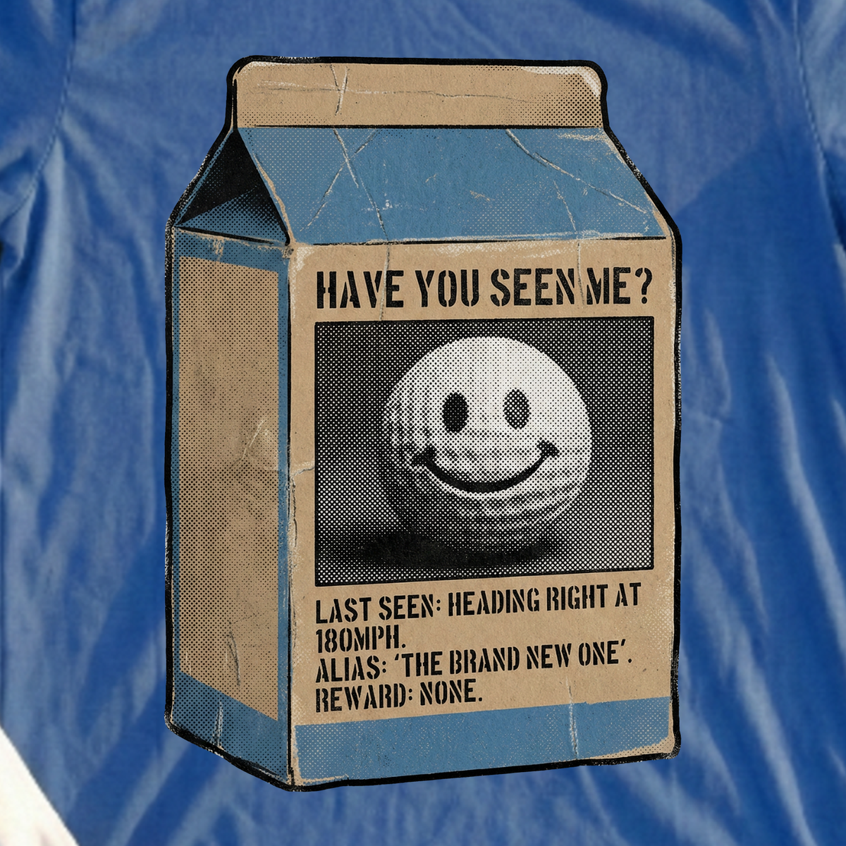 Have You Seen Me Tee, print close-up on Royal