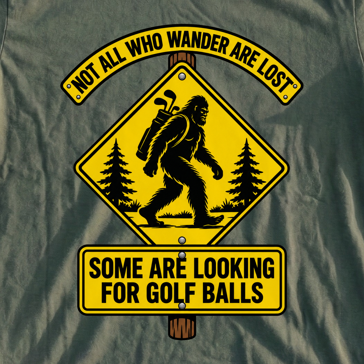 Wandering Sasquatch Road Sign Tee, print close-up on Military Green