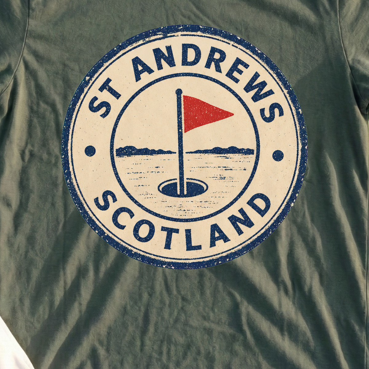 St Andrews, Passport Stamp Tee, print close-up on Military Green