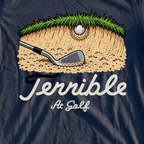 Terrible At Golf Plugged Lie Tee, print close-up on Navy