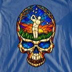 Stained Glass Skull Tee, print close-up on Royal