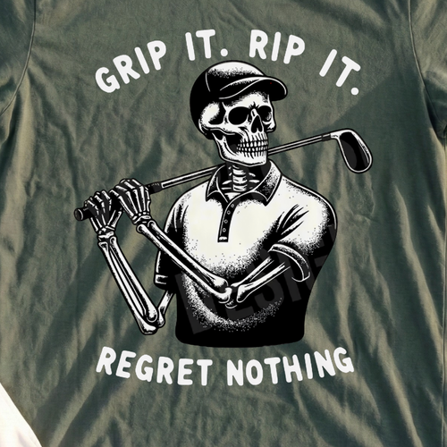 Regret Nothing Tee, print close-up on Military Green