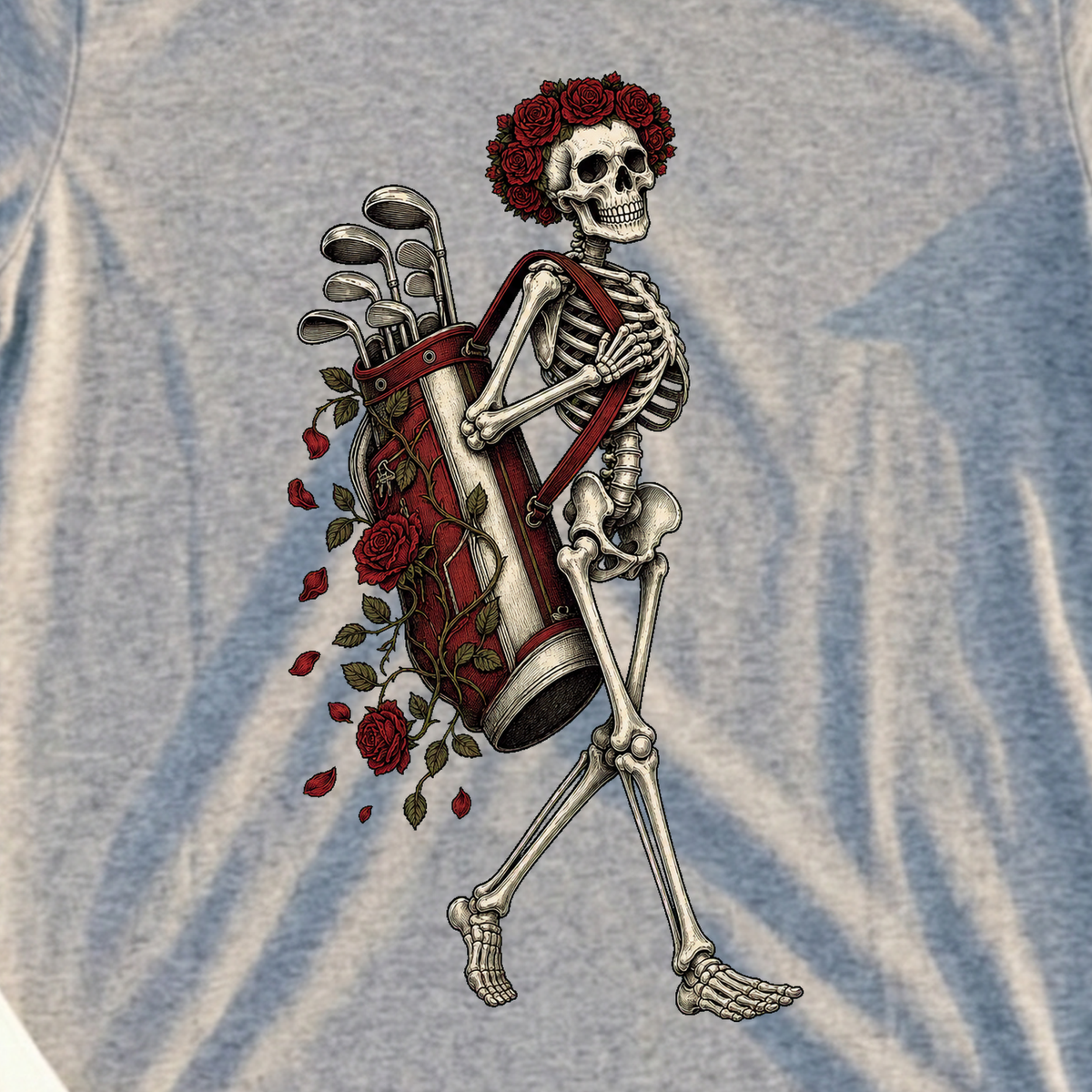 Rose Skeleton Caddy Tee, print close-up on Sport Grey