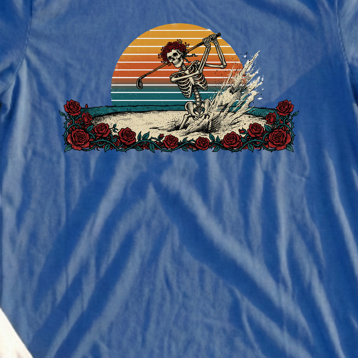 Bunker Blast Skeleton Tee, print close-up on Royal