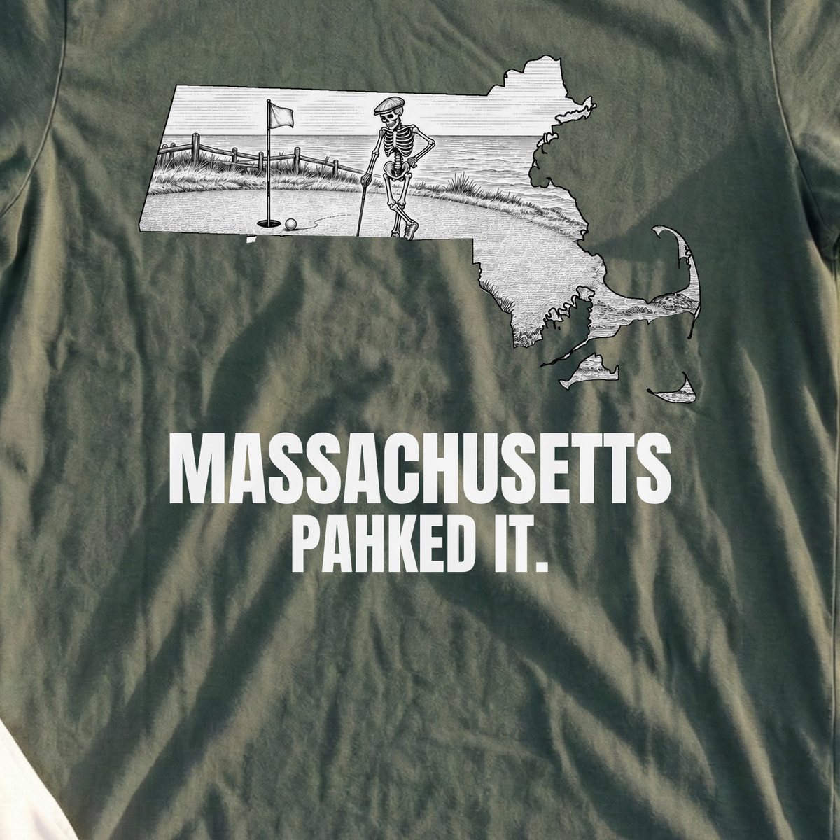 Massachusetts Pahked It Tee, print close-up on Military Green