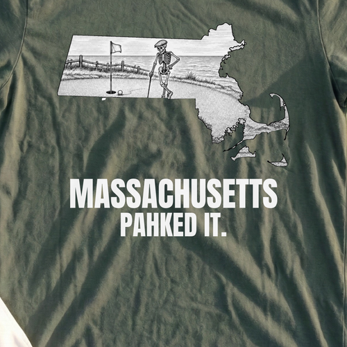 Massachusetts Pahked It Tee, print close-up on Military Green