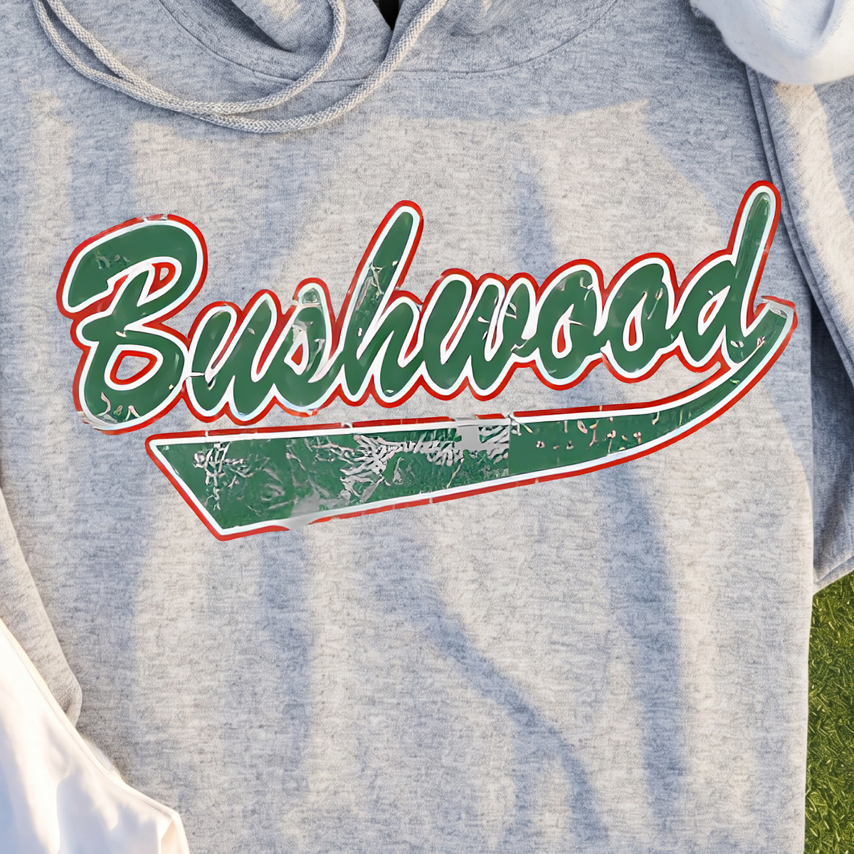 Bushwood Jersey Hoodie, print close-up on Sport Grey