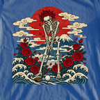 Eternal Drive Woodblock Tee, print close-up on Royal