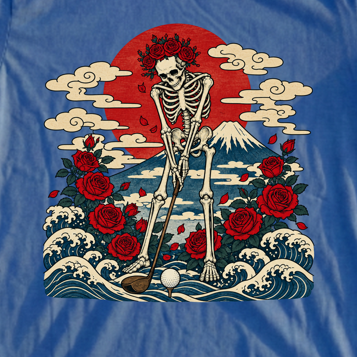 Eternal Drive Woodblock Tee, print close-up on Royal