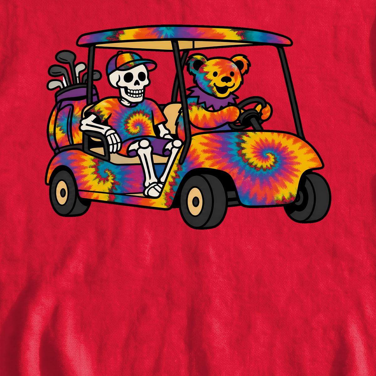 Tie Dye Golf Cart Sweatshirt, print close-up on Red