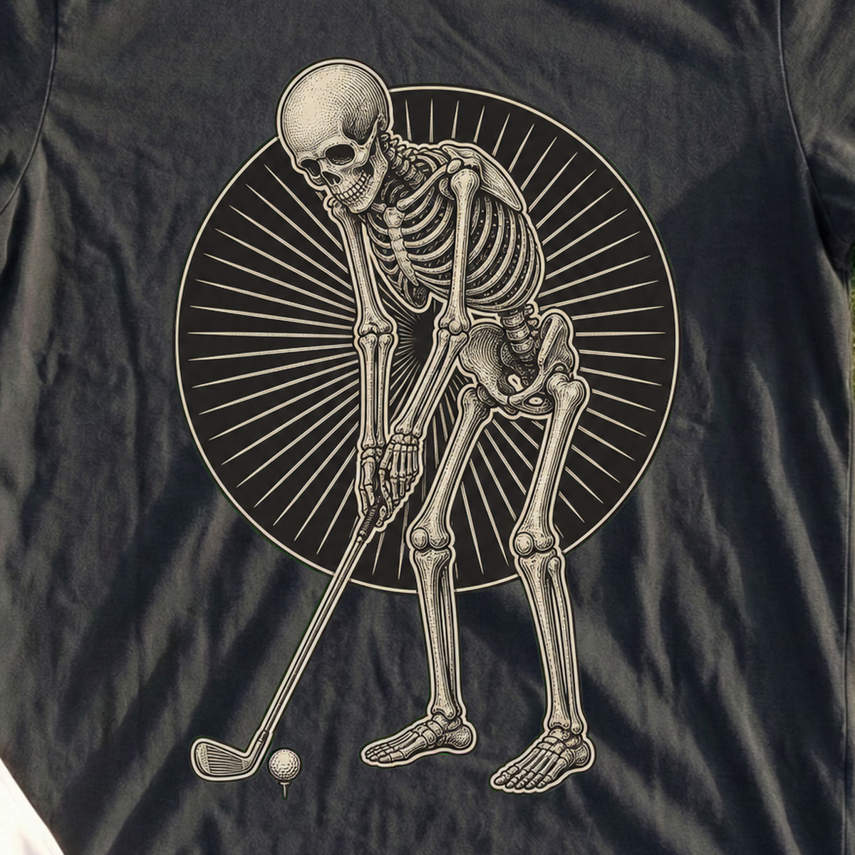 Skeleton Golfer, Engraved Address Tee, print close-up on Black