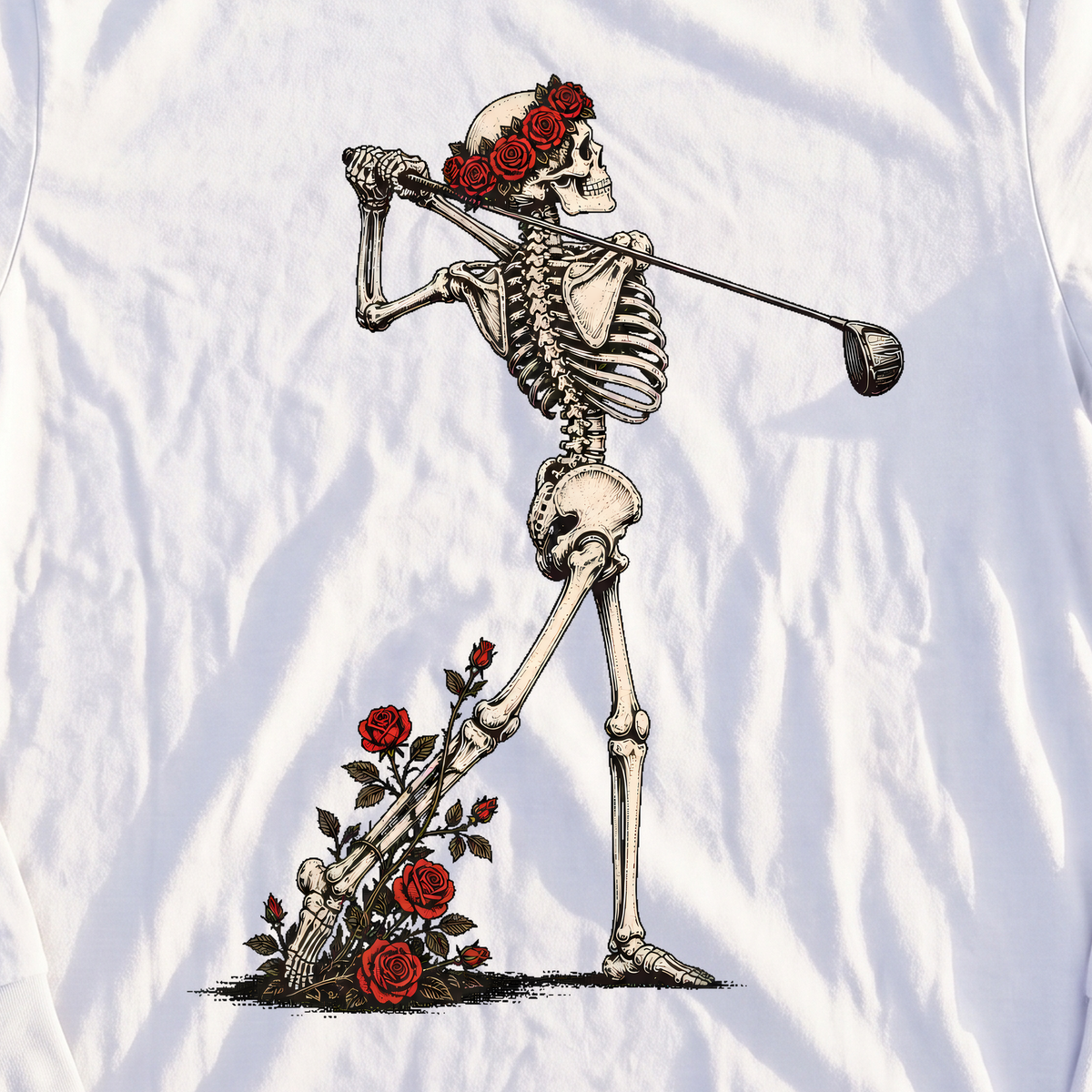 Rose Skeleton Follow Through Long Sleeve Tee, print close-up on White