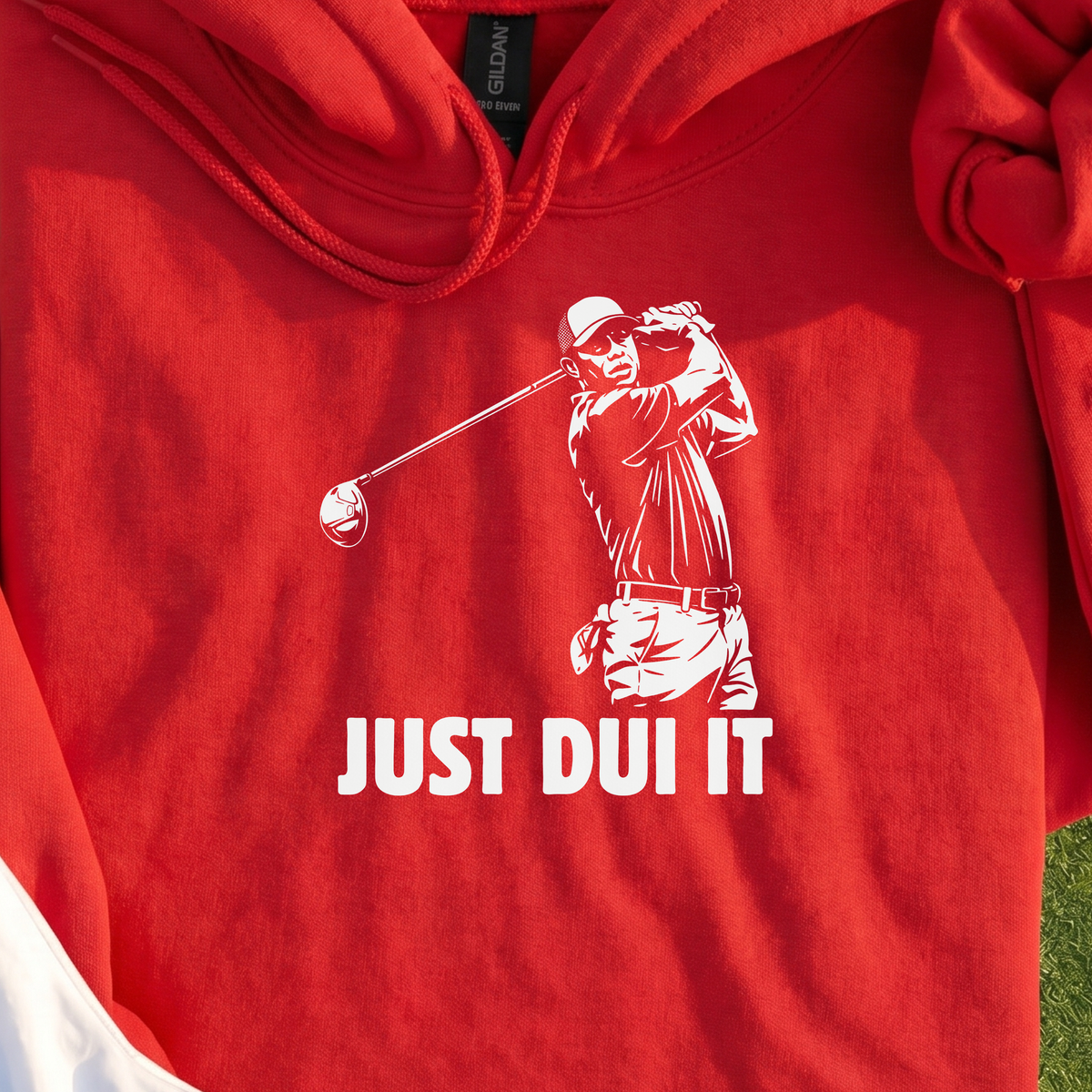 Just DUI It Hoodie, print close-up on Red