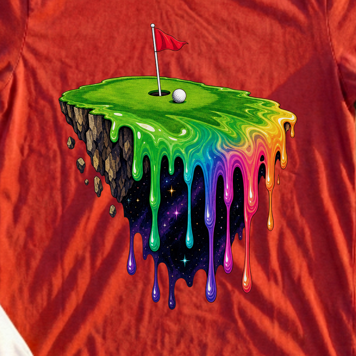 The Green Melts Tee, print close-up on Red