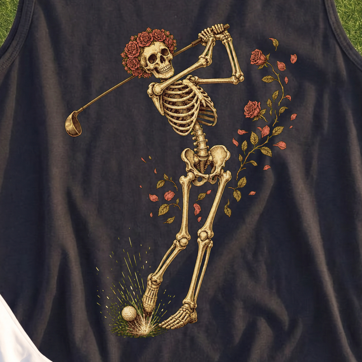 Rose Skeleton Swing Tank, print close-up on Black