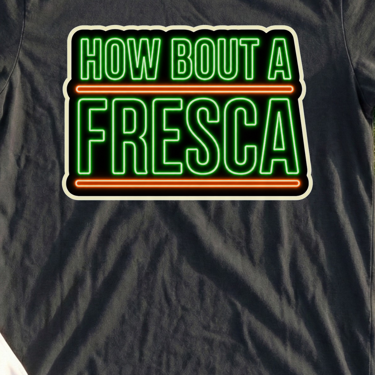 How Bout A Fresca Tee, print close-up on Black
