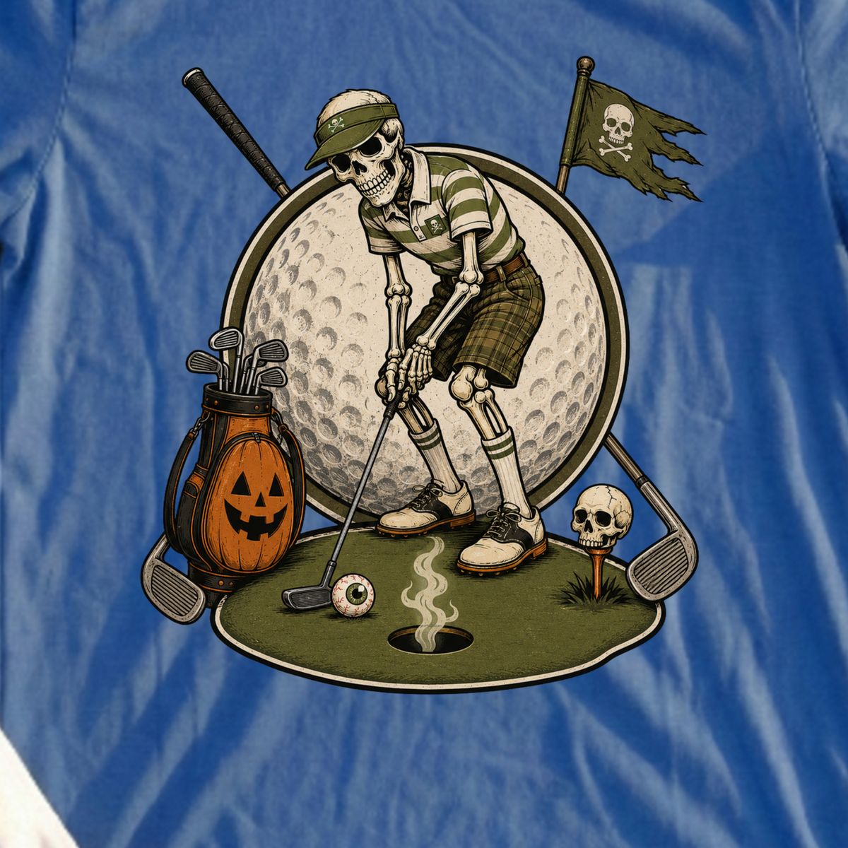Boneyard Country Club Tee, print close-up on Royal