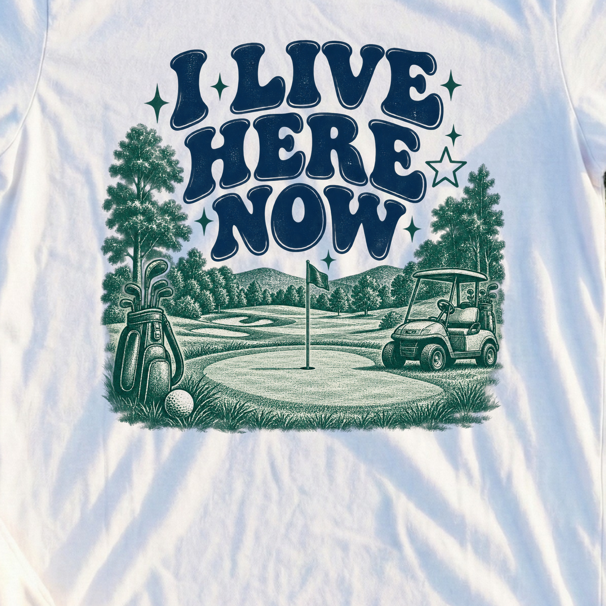 I Live Here Now Tee, print close-up on White