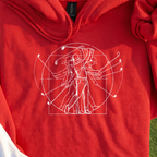 Vitruvian Man Swing Hoodie, print close-up on Red