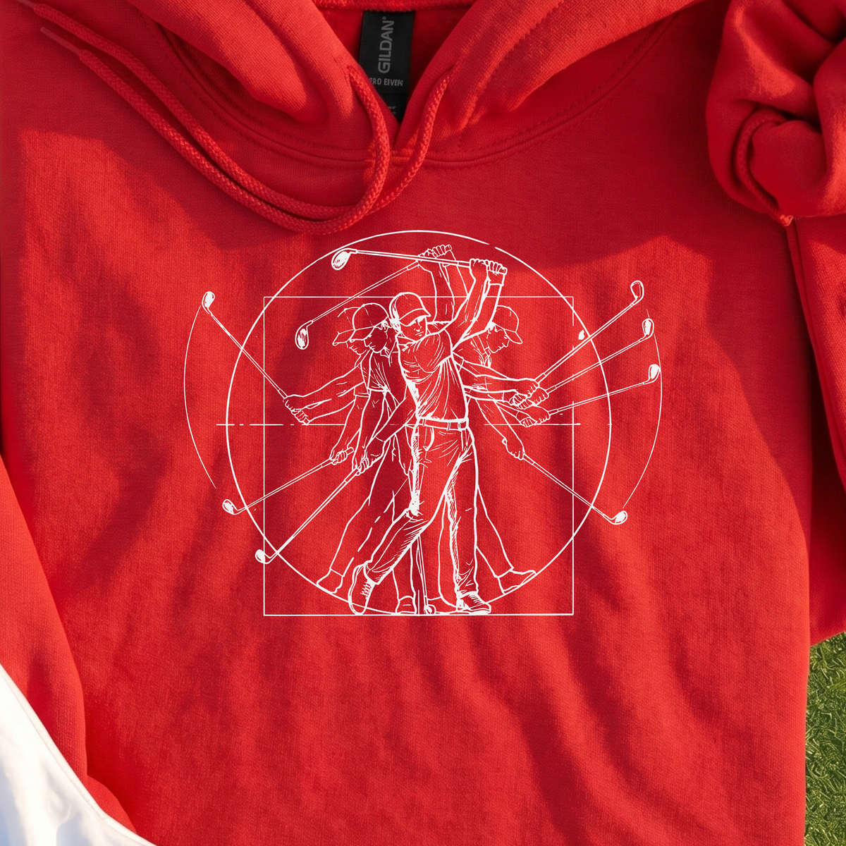 Vitruvian Man Swing Hoodie, print close-up on Red