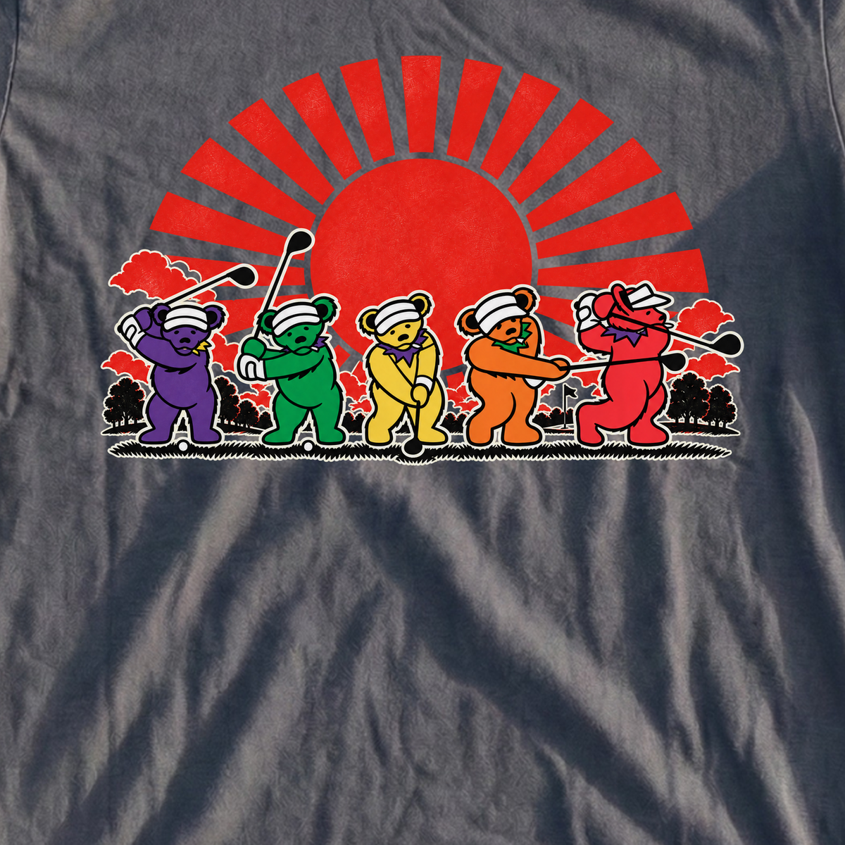 Golf Swing Bears Red Sun Tee, print close-up on Dark Heather
