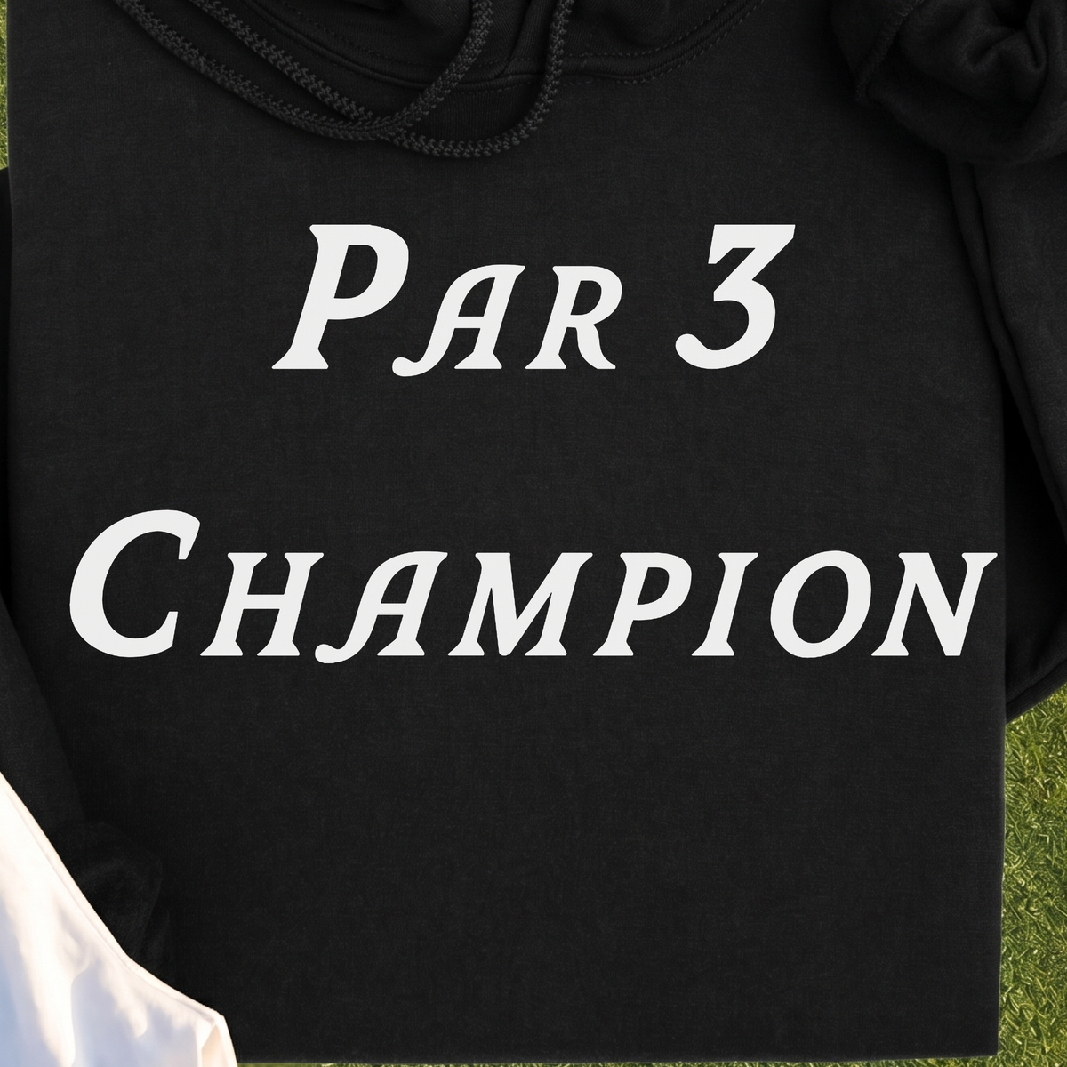 Par 3 Champion Hoodie, print close-up on Black