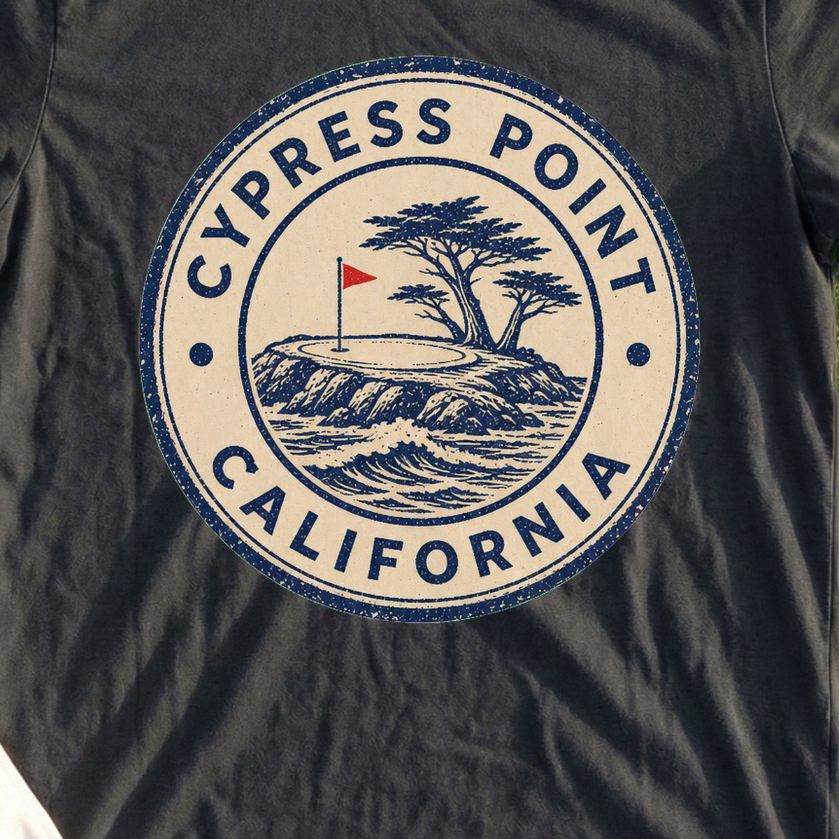 Cypress Point Passport Stamp Tee, print close-up on Black