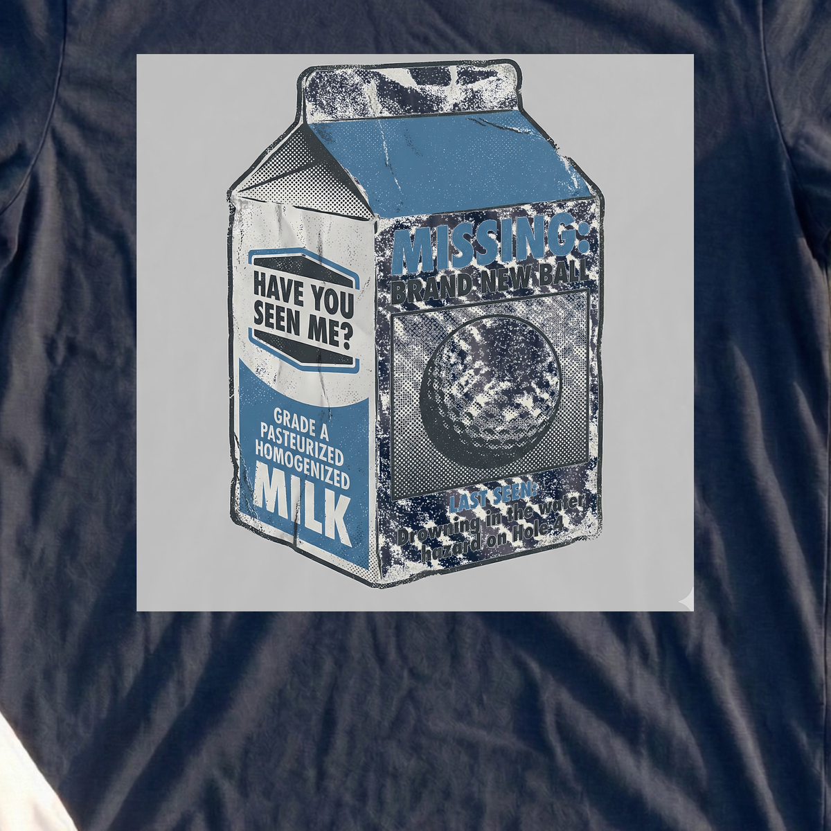 MISSING: Brand New Ball Tee, print close-up on Navy
