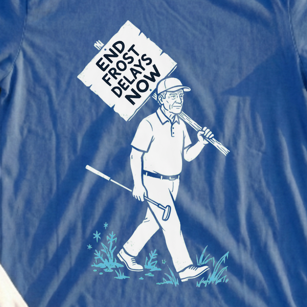 End Frost Delays Tee, print close-up on Royal