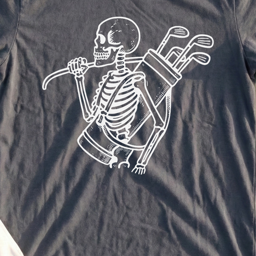 Skeleton Caddie Tee, print close-up on Dark Heather