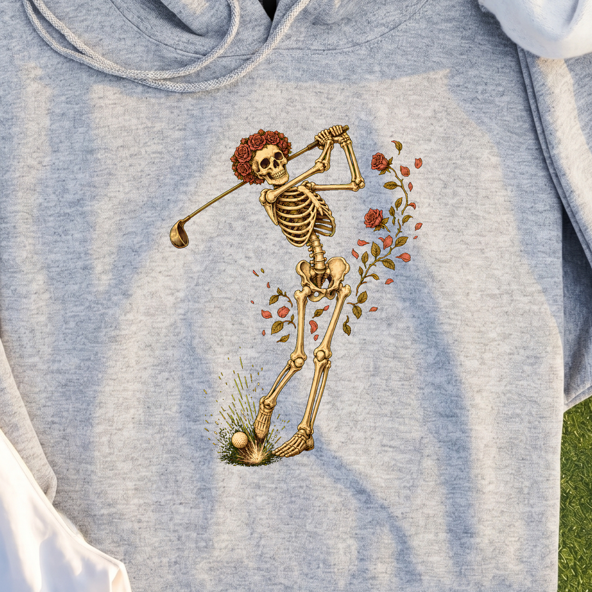 Rose Skeleton Swing Hoodie, print close-up on Sport Grey
