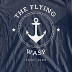 The Flying Wasp Premium Tee, print close-up on True Navy