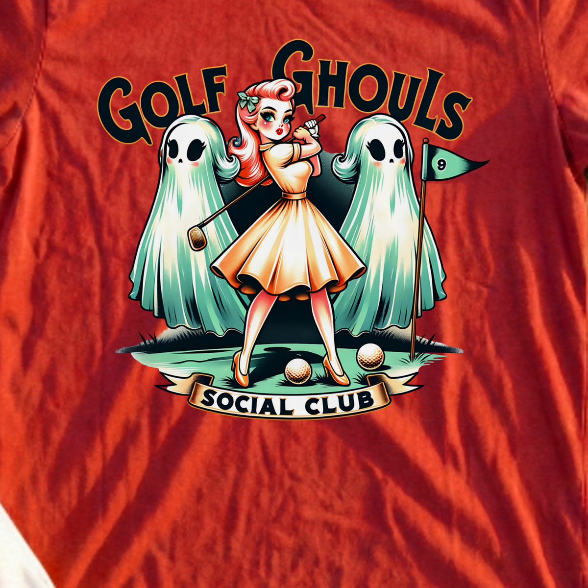 Golf Ghouls Social Club Tee, print close-up on Red