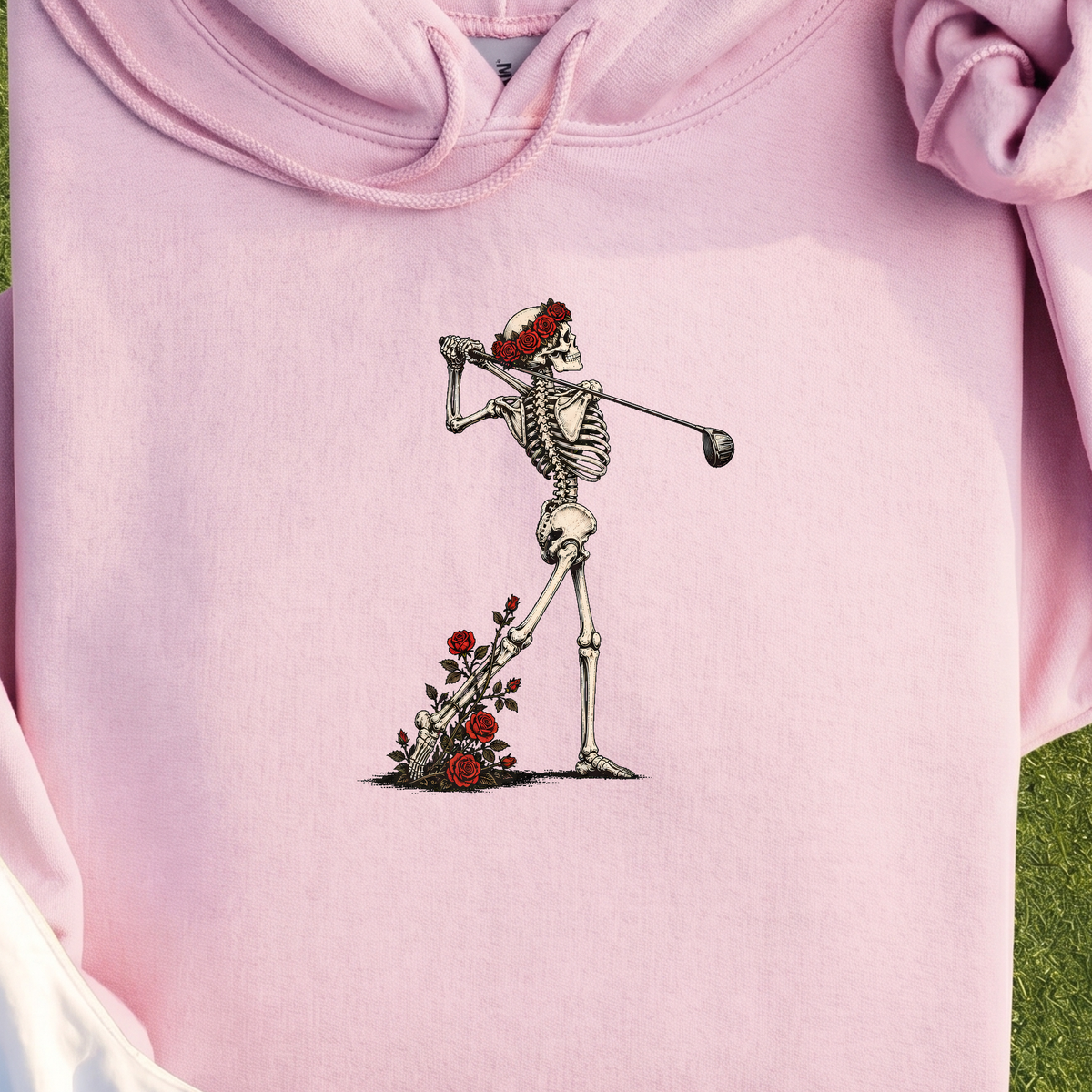 Rose Skeleton Follow Through Hoodie, print close-up on Light Pink