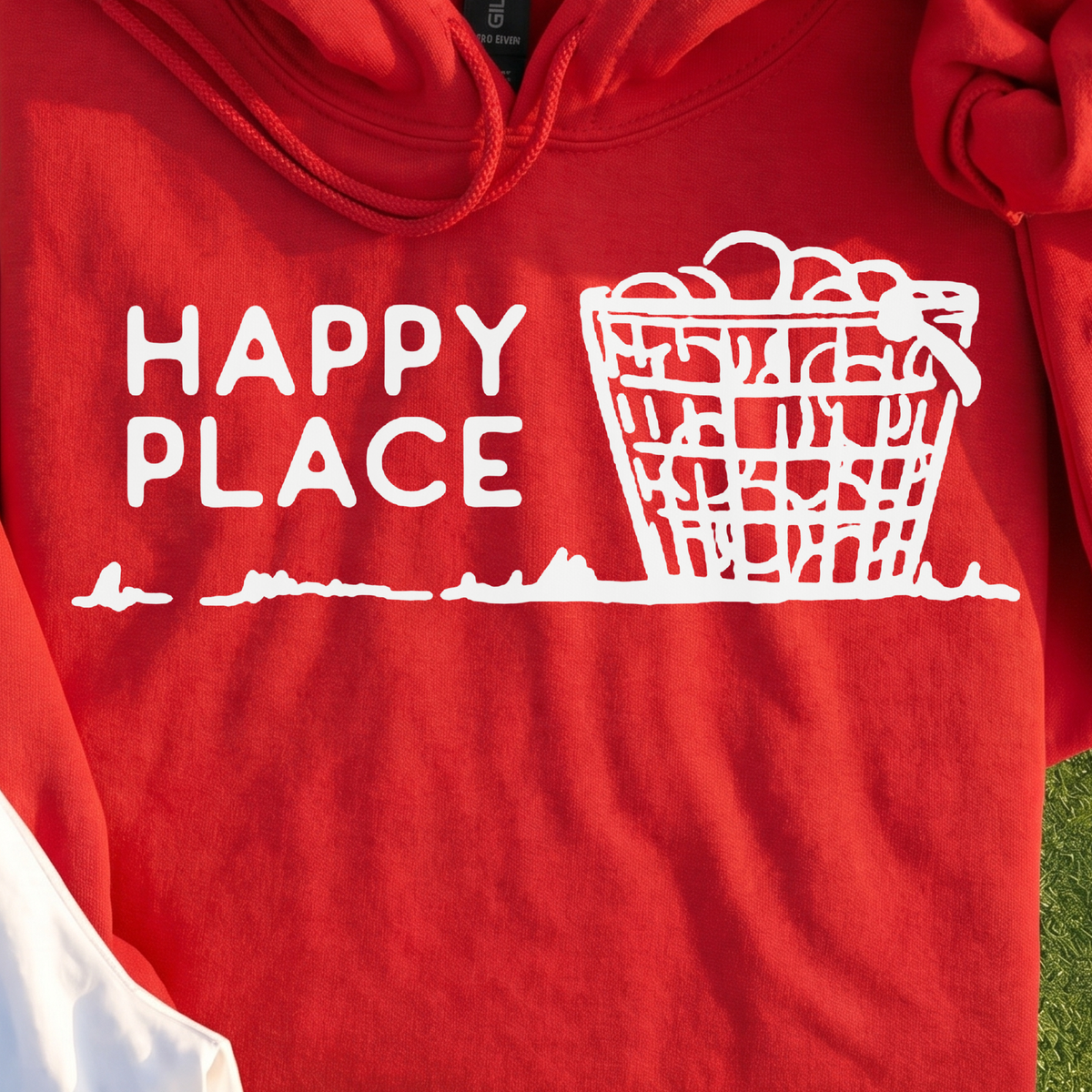 Happy Place Hoodie, print close-up on Red