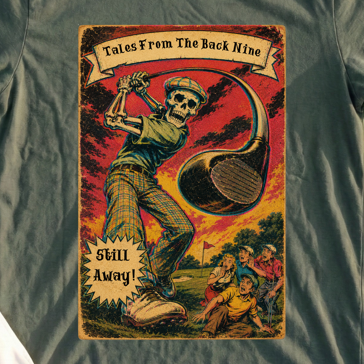 Tales From The Back Nine Tee, print close-up on Military Green