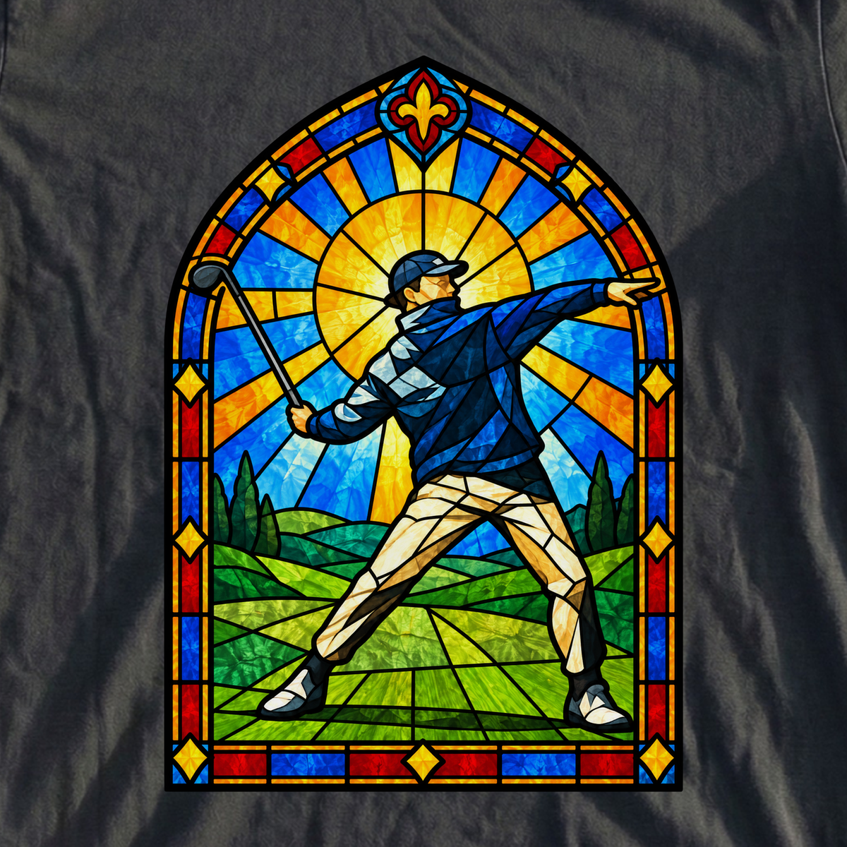 Club Thrower Stained Glass Tee, print close-up on Black