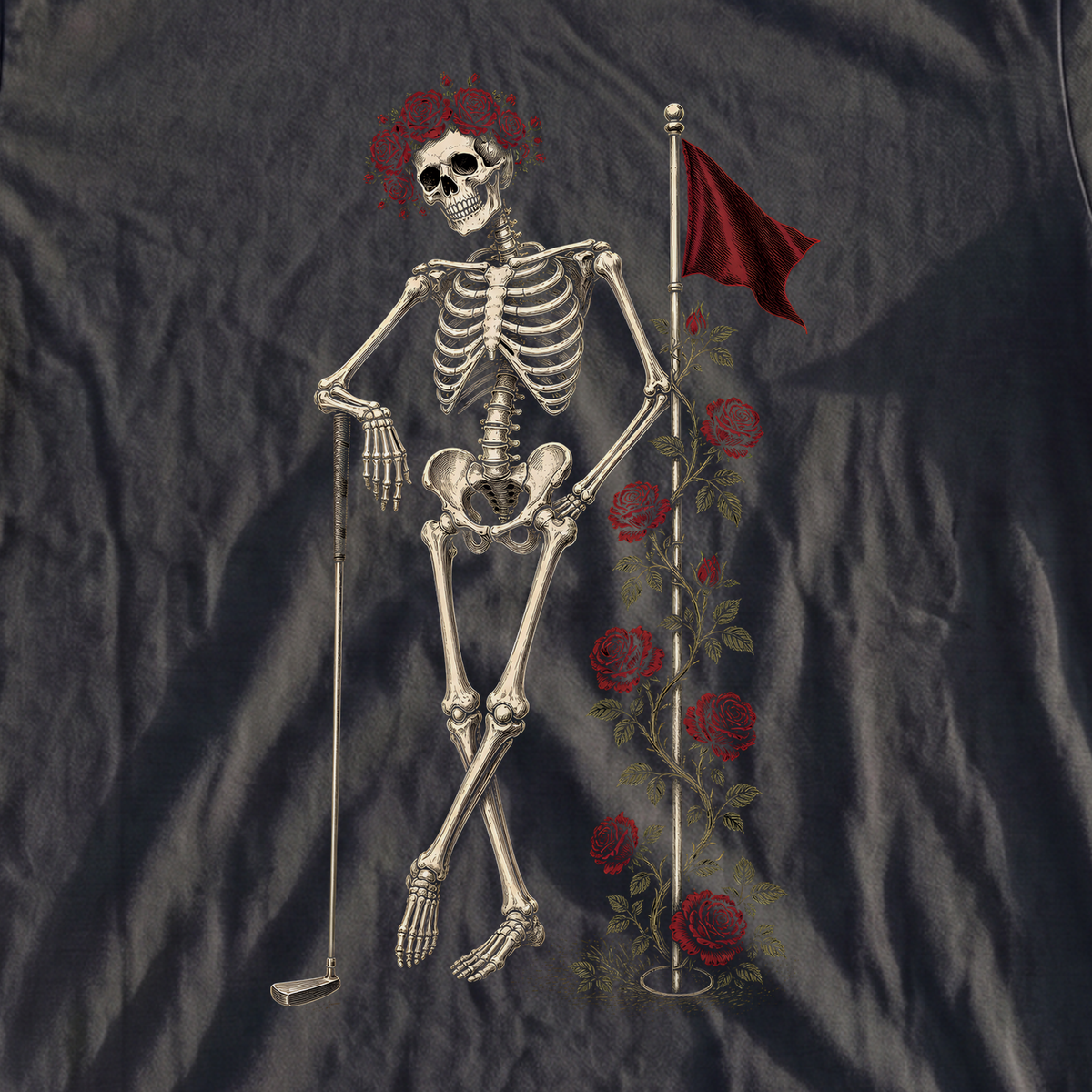 Rose Skeleton Leaning Premium Tee, print close-up on Black