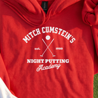 Mitch Cumstein Night Putting Hoodie, print close-up on Red
