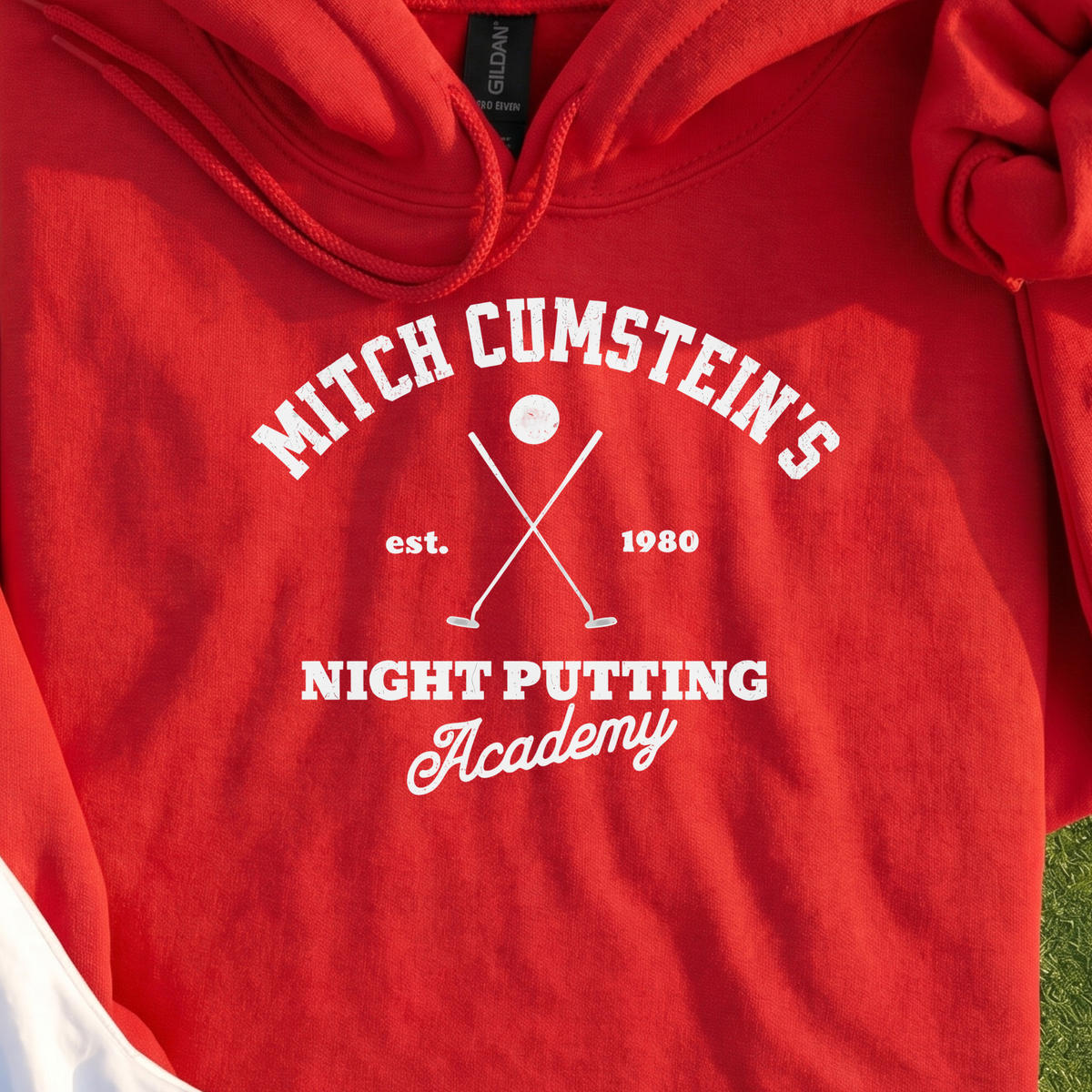 Mitch Cumstein Night Putting Hoodie, print close-up on Red
