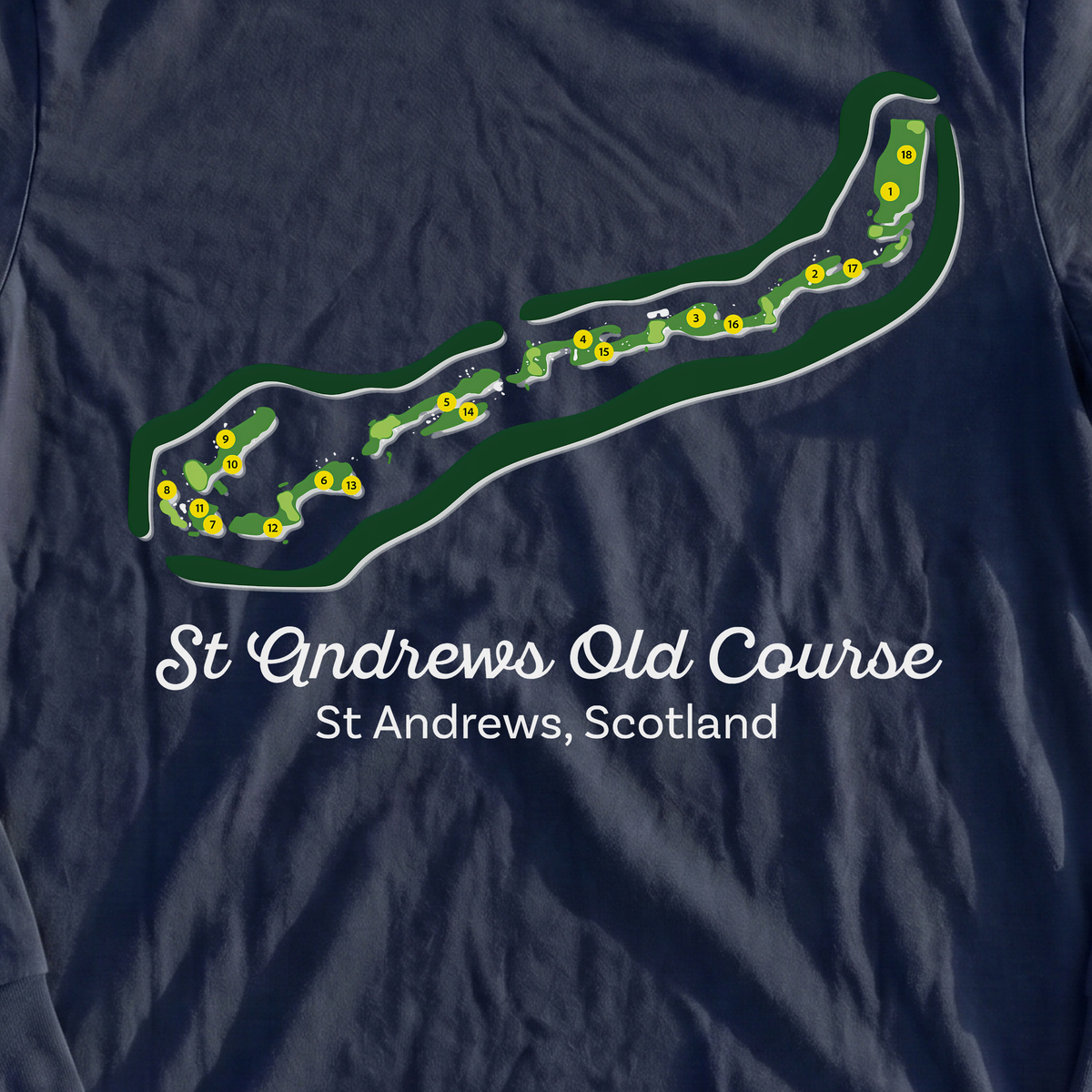 St Andrews Course Map Long Sleeve Tee, print close-up on Navy