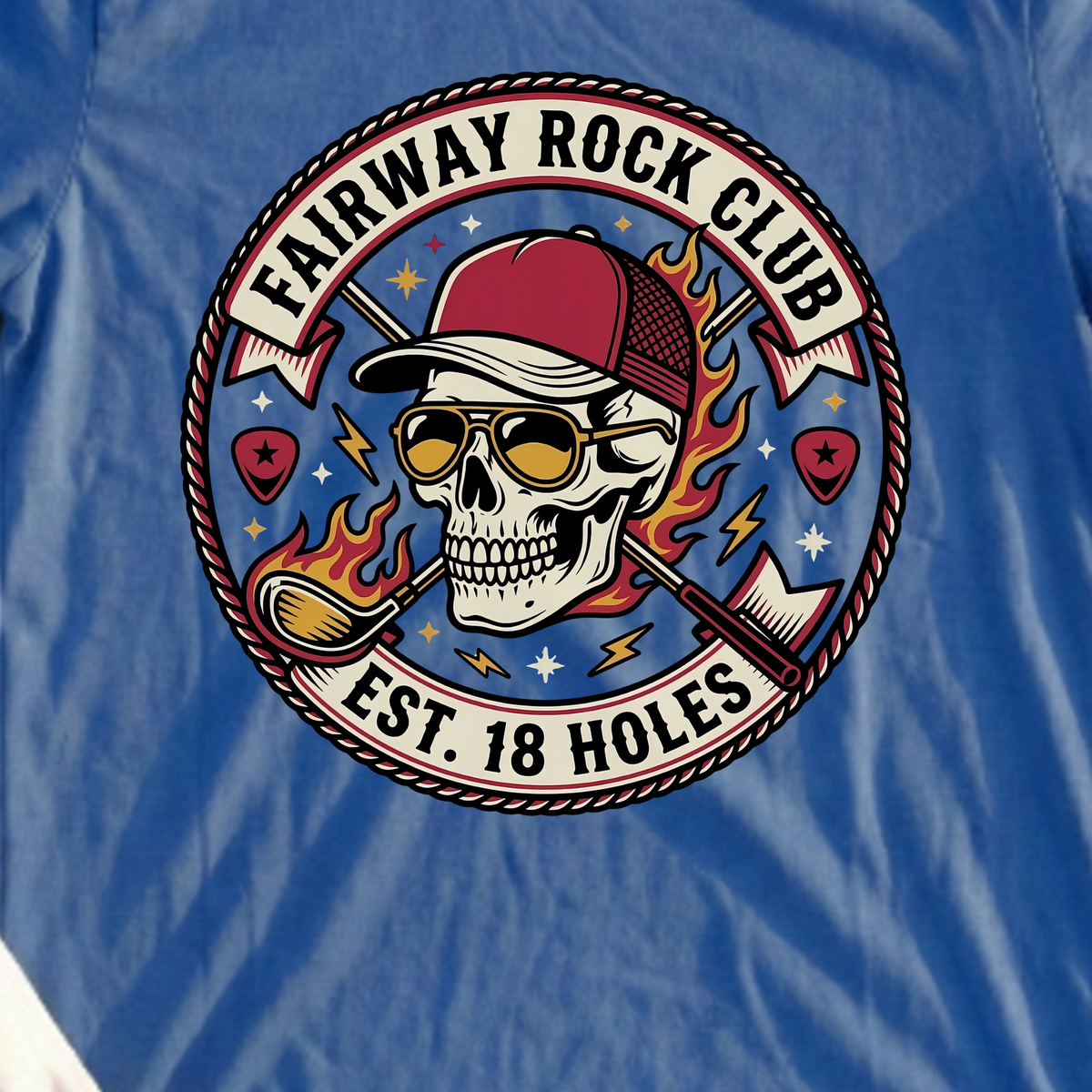 Fairway Rock Club Tee, print close-up on Royal