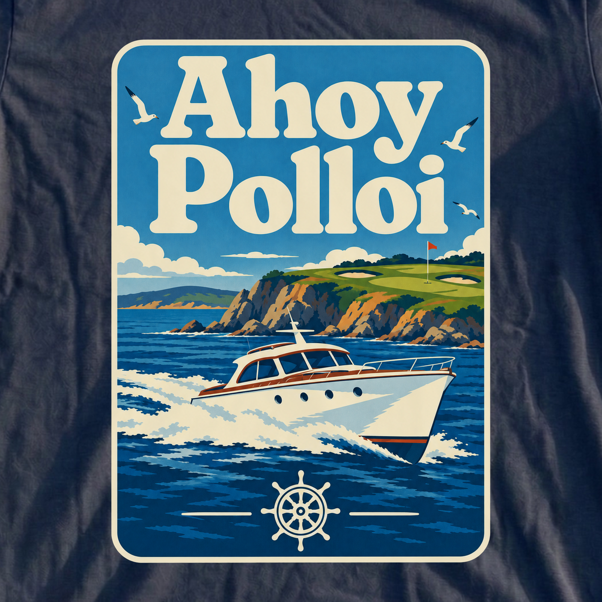 Ahoy Polloi Travel Poster Tee, print close-up on Navy