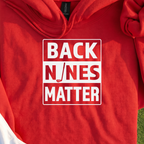 Back Nines Matter Hoodie, print close-up on Red