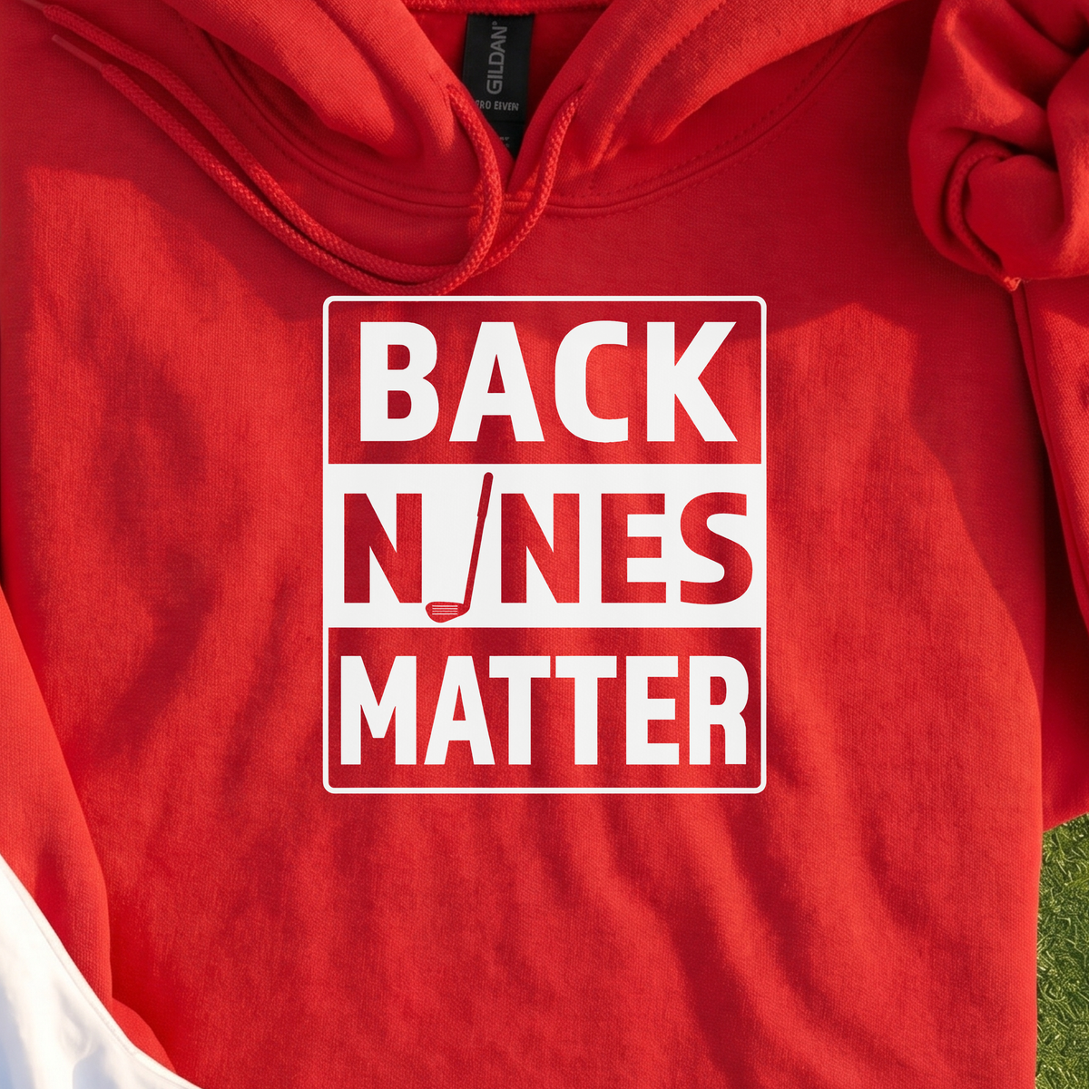 Back Nines Matter Hoodie, print close-up on Red