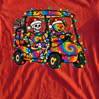Tie Dye Golf Cart Christmas Lights Tee, print close-up on Red
